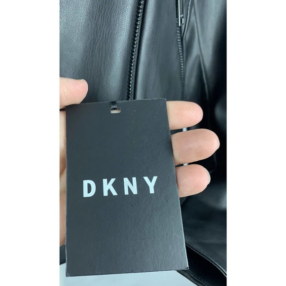 NWT DKNY Zip Front Faux Leather Moto Jacket Black W/ Tiny Metallic Detail Trim - Picture 8 of 16